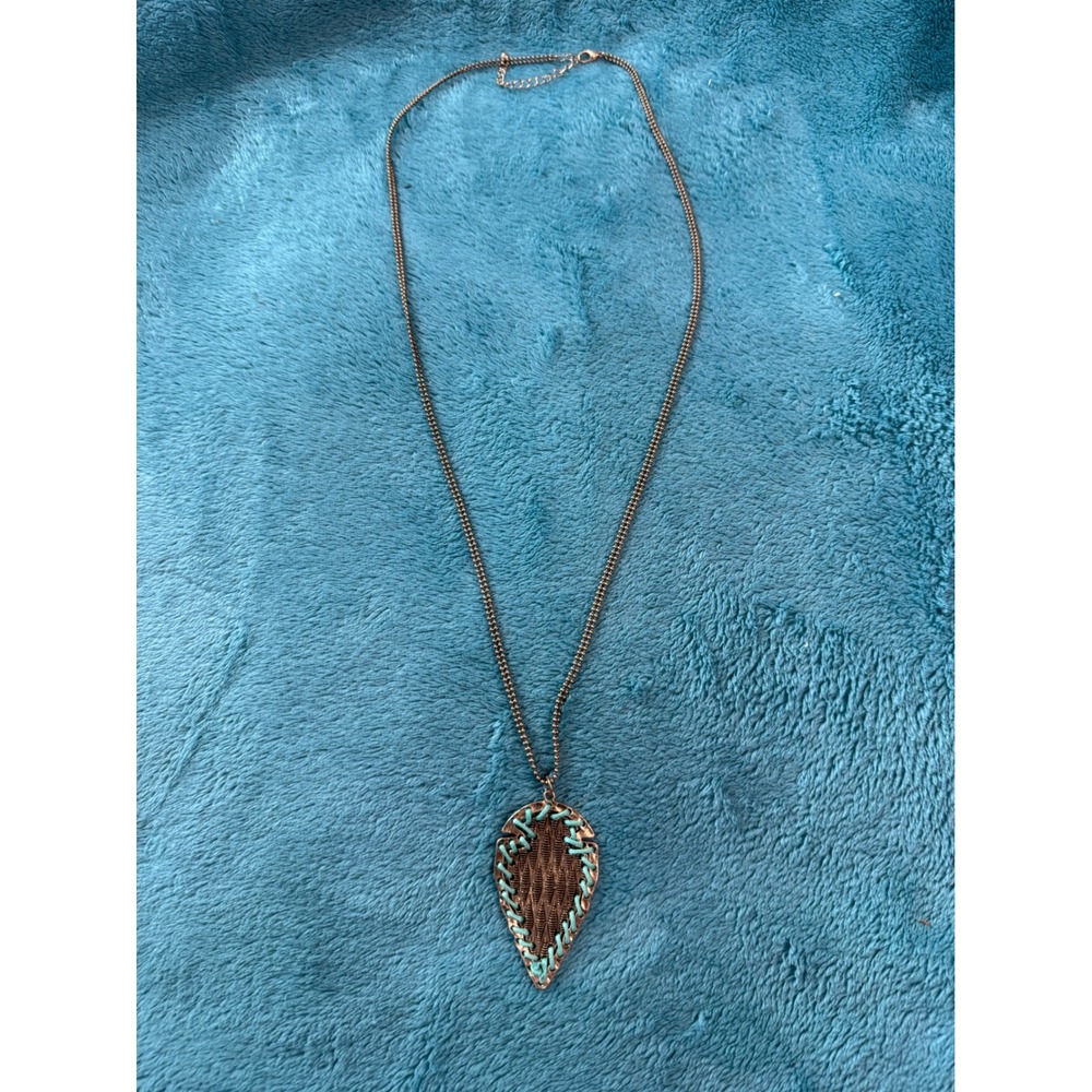 Southwestern Bronze Arrowhead Pendant Necklace Turquoise Whipstitch Detail Long